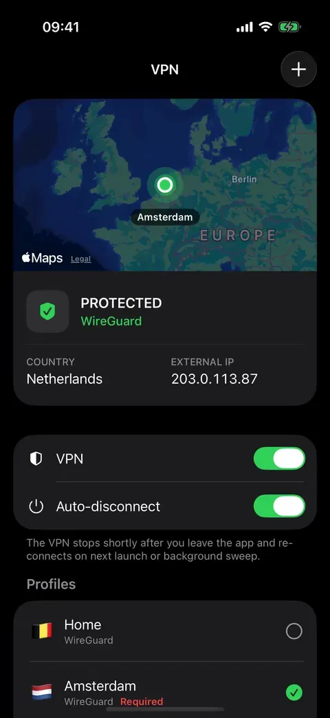 Zaply on iPhone: the VPN screen, showing a WireGuard profile the user imported.