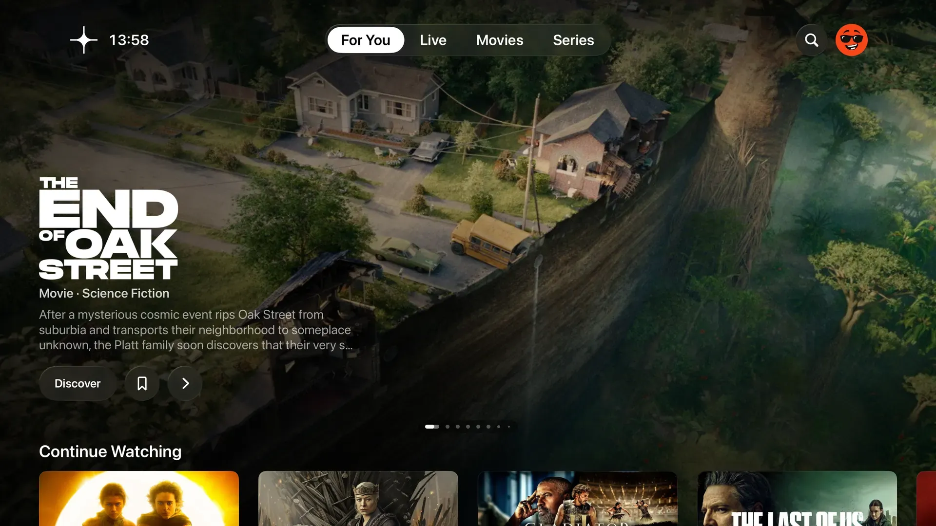 Zaply on Apple TV: the player, with the programme guide open over a live stream.
