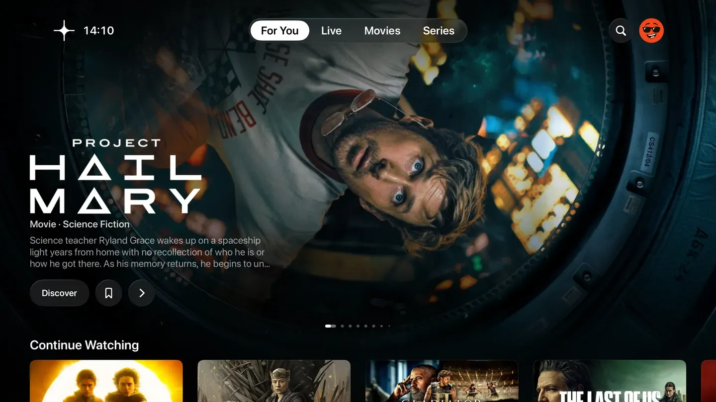 Zaply on Apple TV: the home screen, showing a different film.