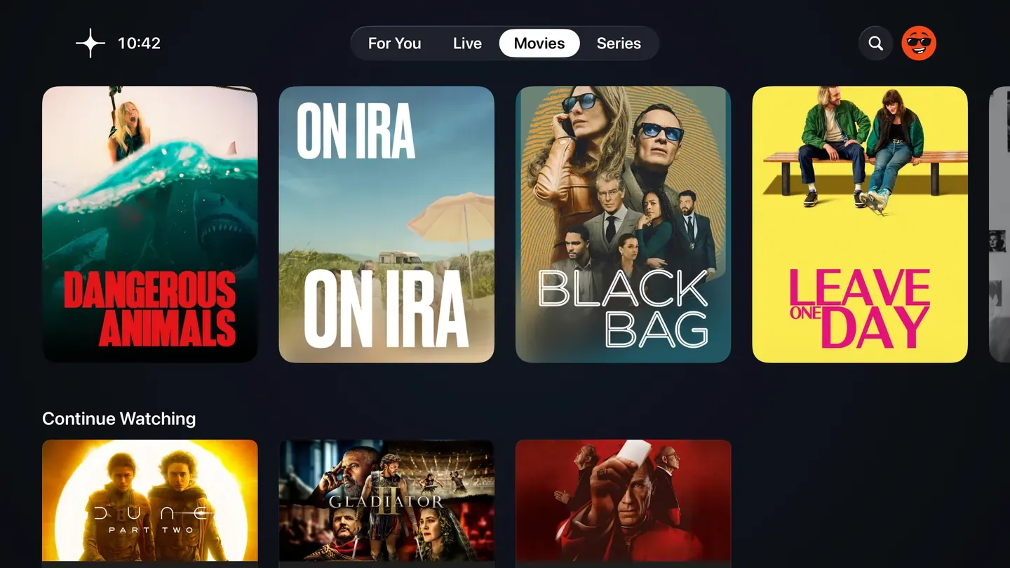Zaply on Apple TV: everything on demand, laid out as a grid.