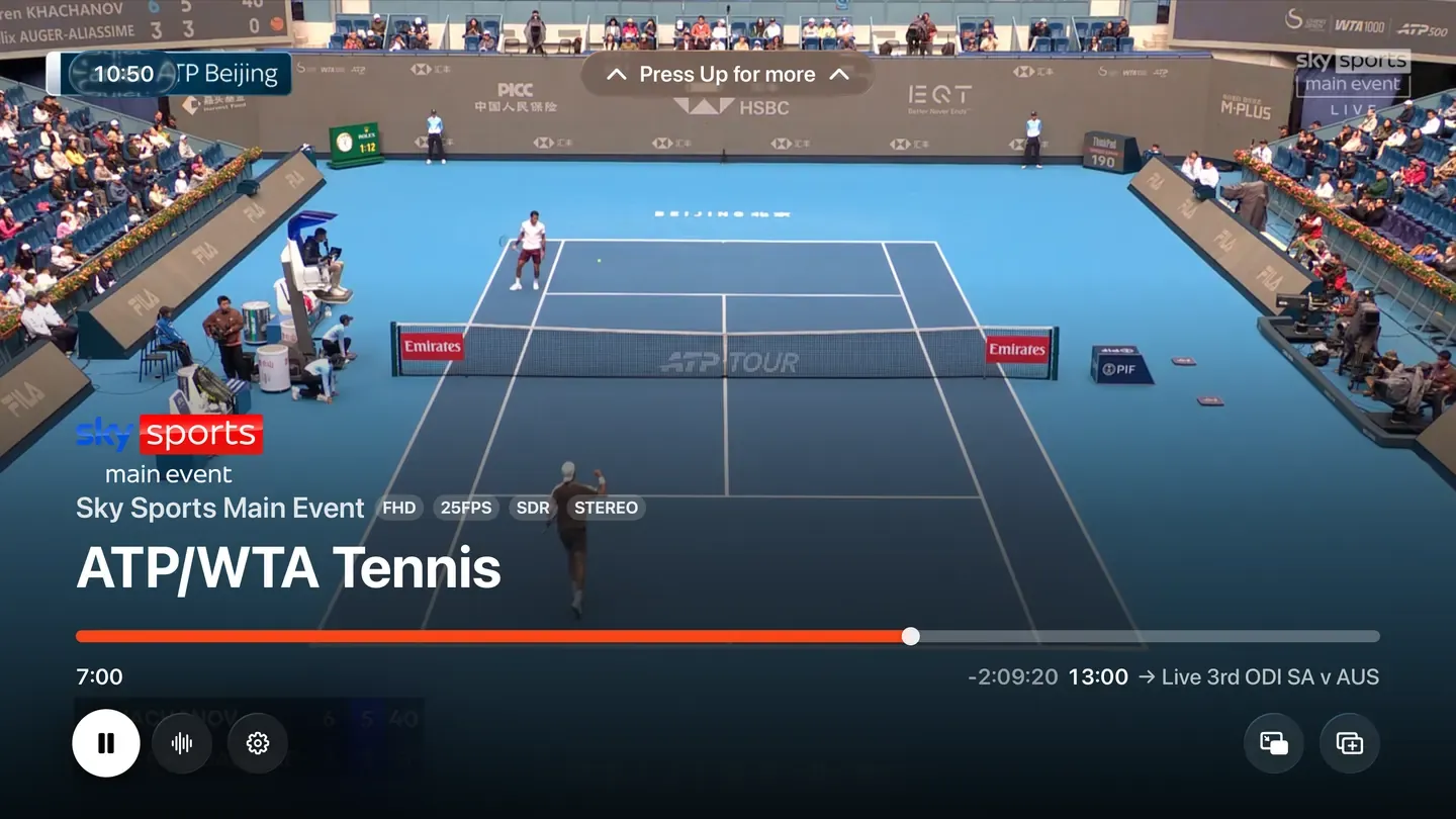 Zaply on Apple TV: the player, over a live stream.