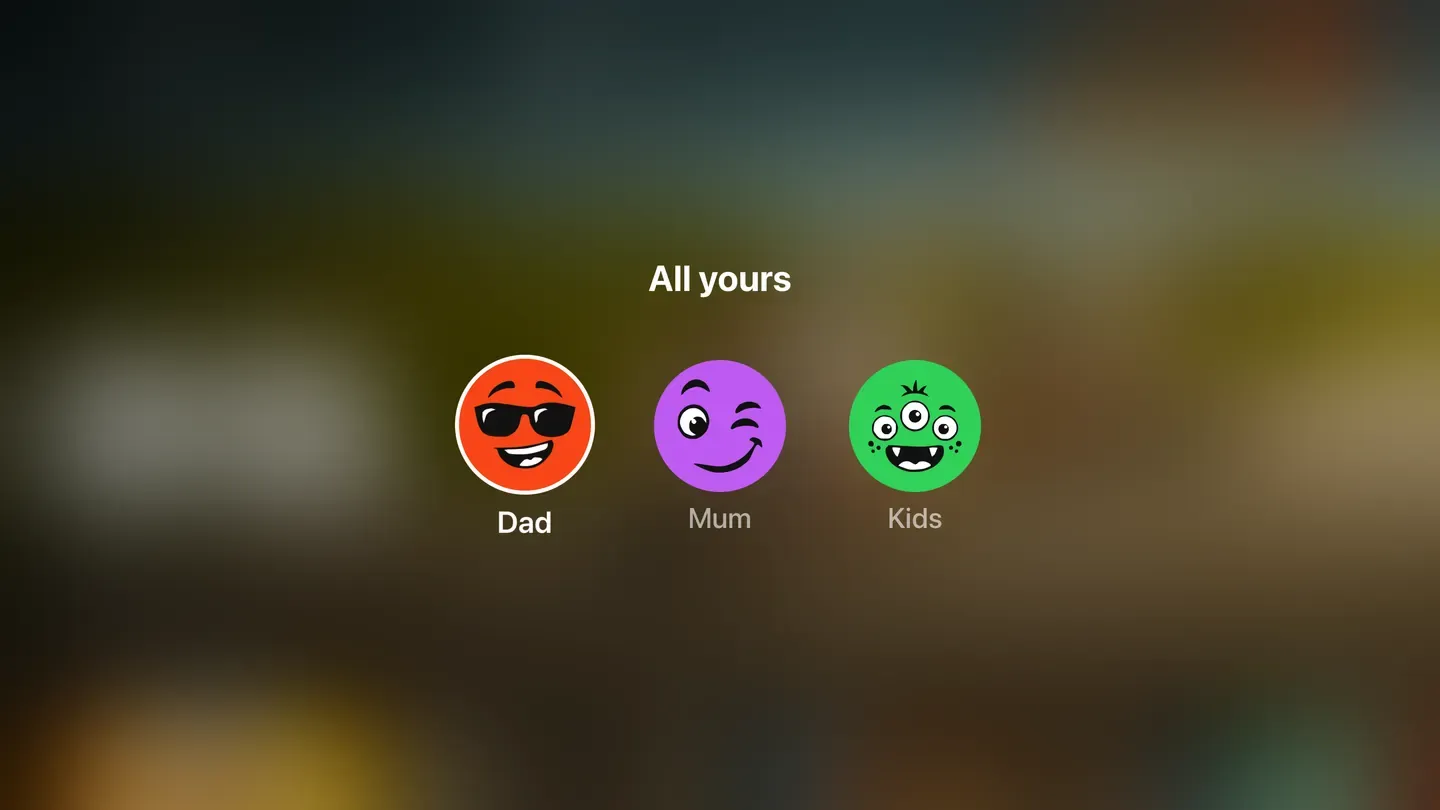 Zaply on Apple TV: the profile picker, one profile per person.