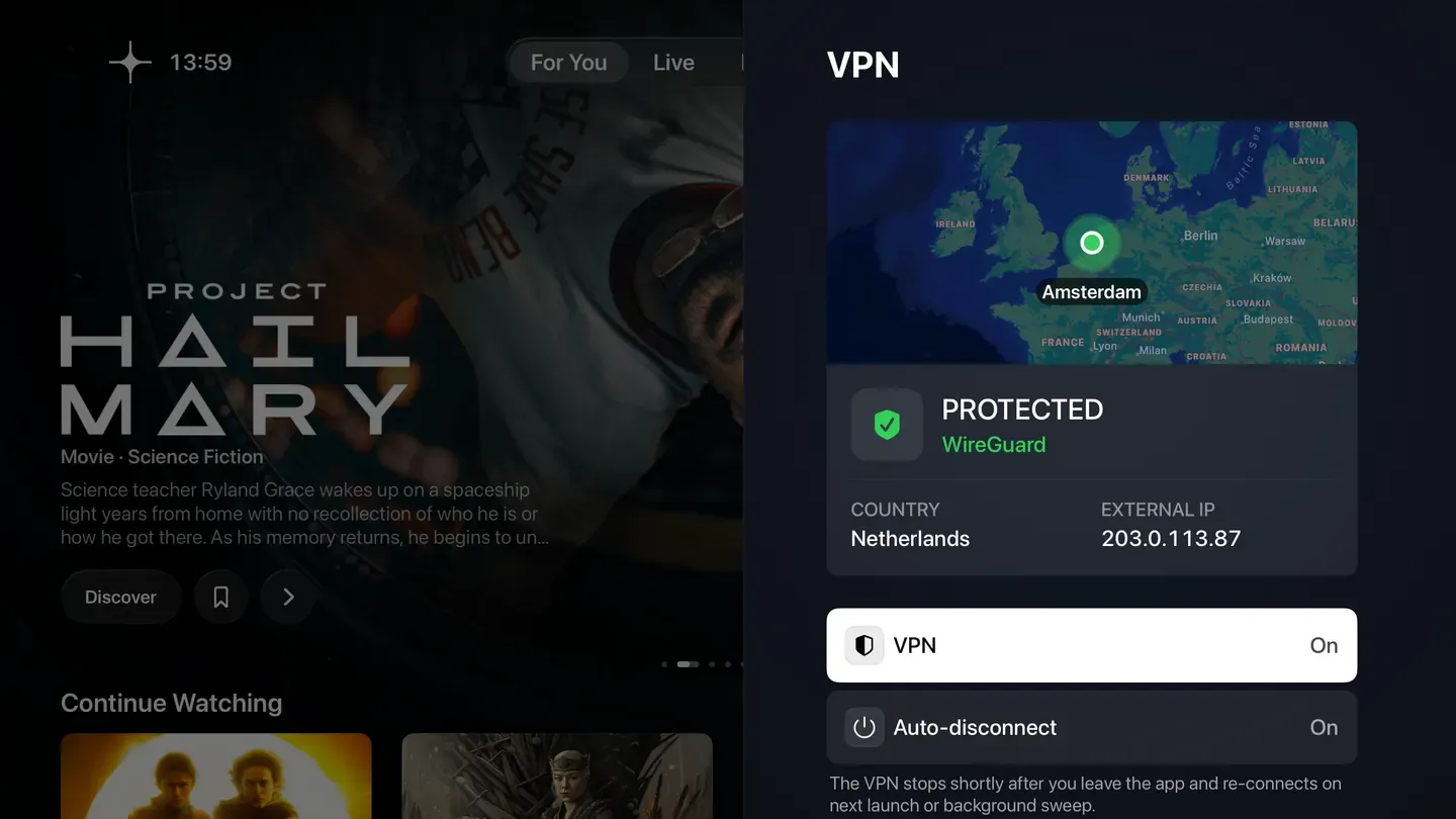 Zaply on Apple TV: the VPN screen, connected through an imported WireGuard profile.