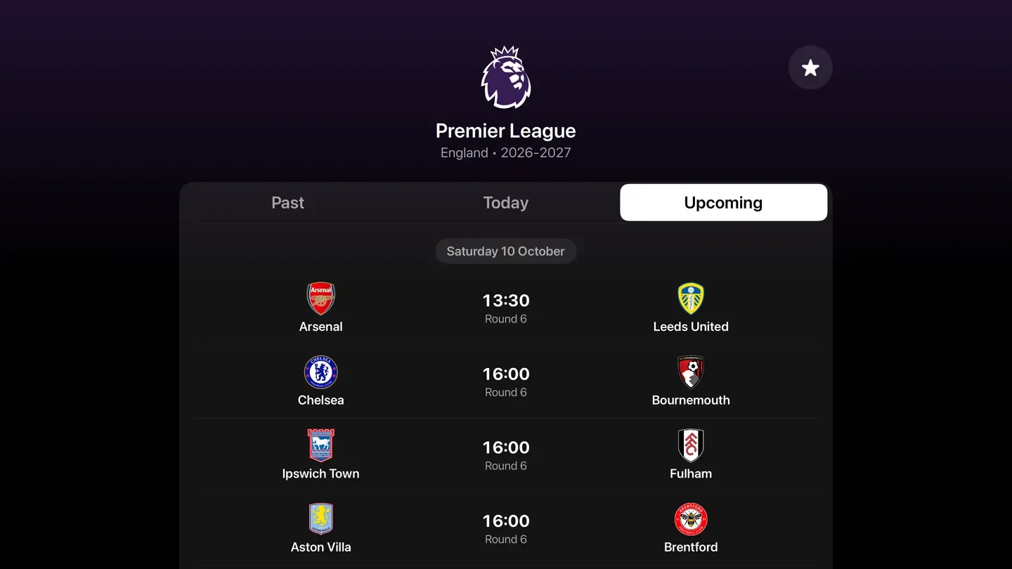 Pick the leagues you care about and Zaply keeps the fixtures, the tables and the results together. Open a match and it tells you which of your own sources is carrying it, before it starts.